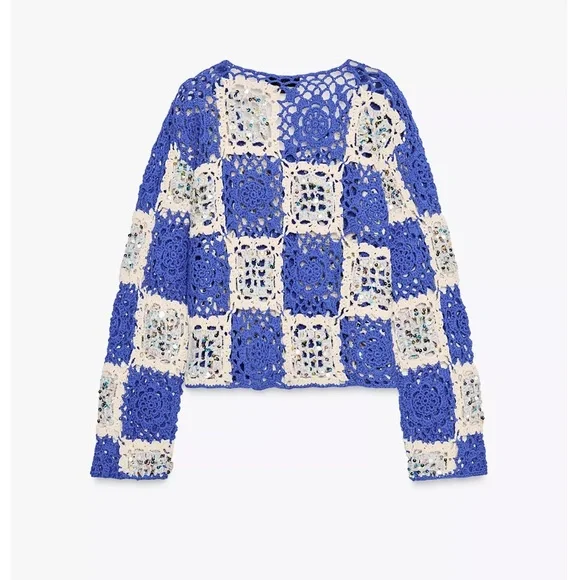Zara Sequin Crochet Jacket Cardigan Blue / cream NWT - Picture 6 of 7